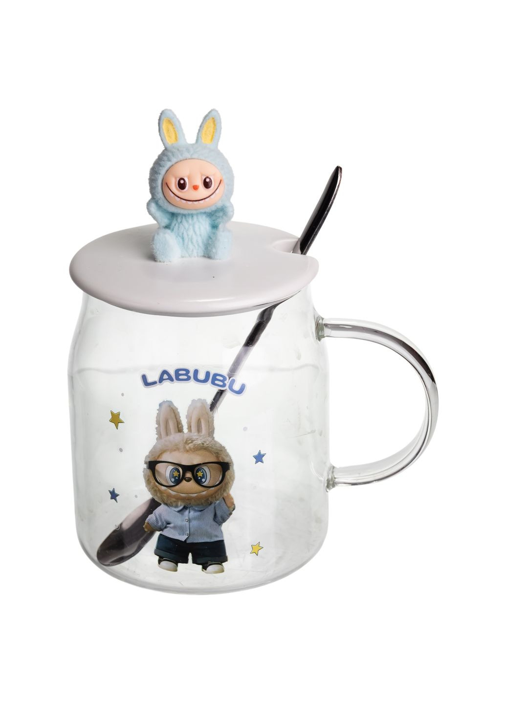 Чашка скляна Labubu 600 мл з ложкою і порцеляновою кришкою, блакитний Yiwu (367724695)