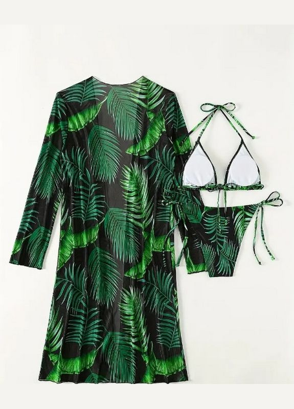 Зеленый демисезонный купальник раздельный черный с зеленым тропическим принтом. раздельный No Brand 7913