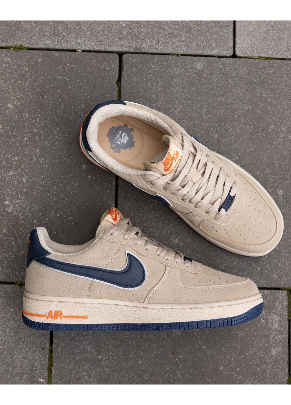 Бежевые демисезонные кроссовки мужские nike air force beige blue найк аир форс 1 премиум No Brand