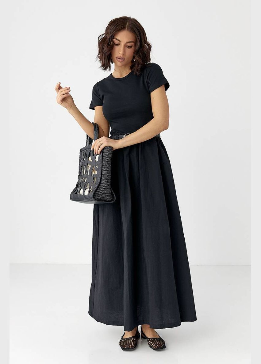 Черное женское длинное платье с поясом Lurex