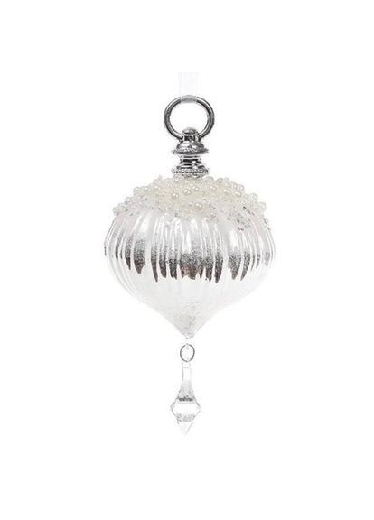 Куля новорічна 15 см 12617, новорічна підвіска з декором з намистин та підвіскою, колір - срібно-білий, прикраси на ялинку, Flora (360639150)
