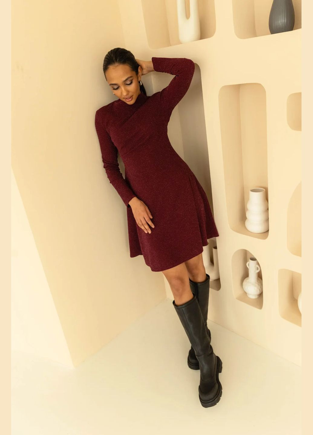 Темно-вишневое праздничный, повседневный, кэжуал, коктейльное платье клеш Seventeen