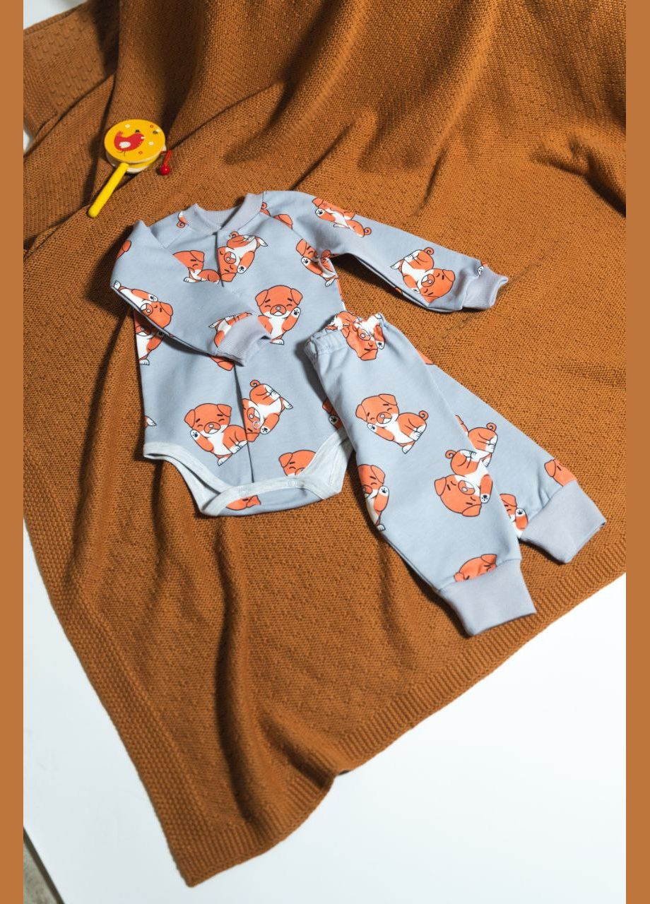 Серый зимний теплый комплект для младенца: боди с начесом и штанишки принт мопсы Egoza