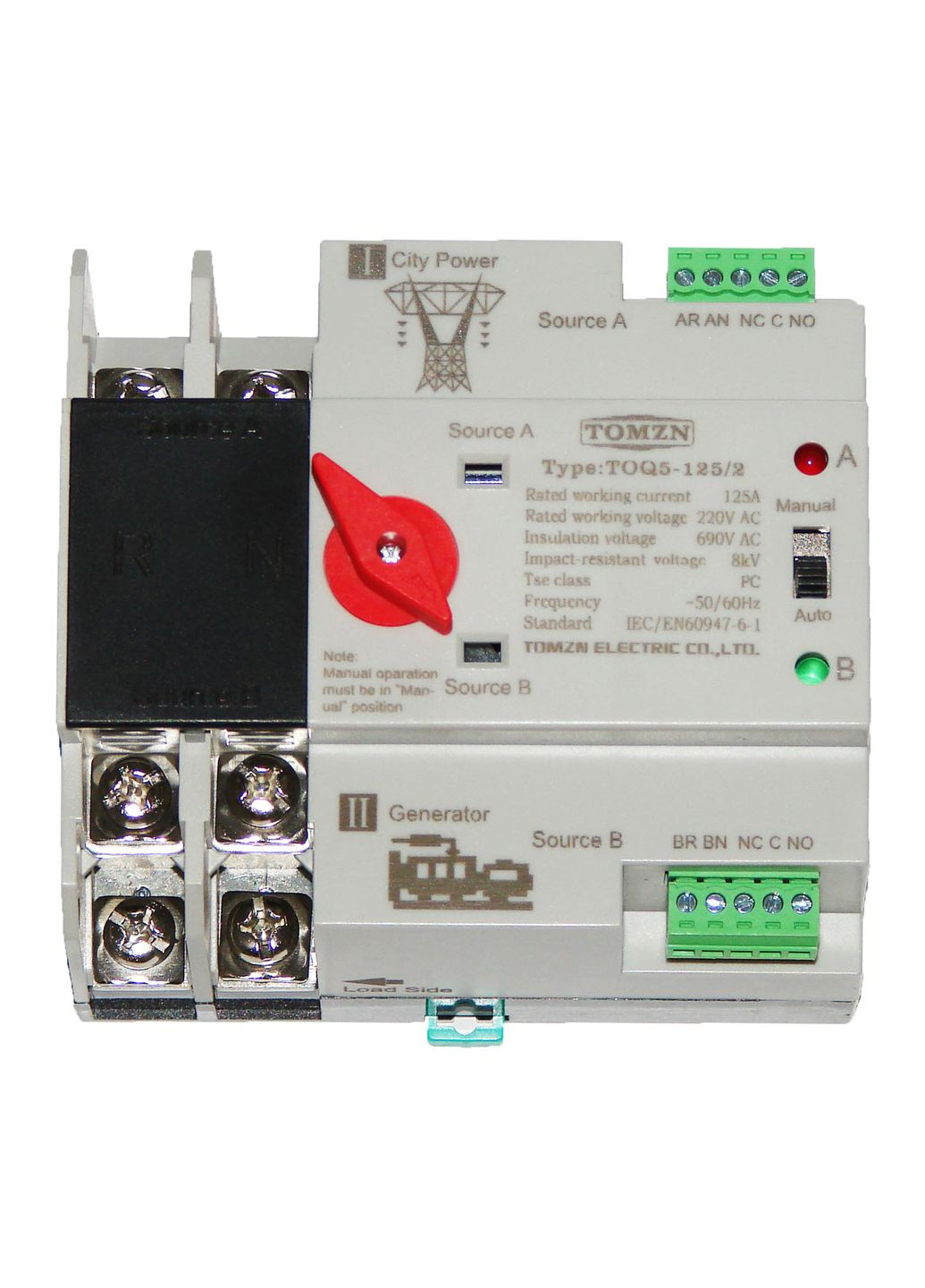 Автоматический или ручной переключатель ввода резерва I-II TOQ5-125/2 2P 125А 6М с общим выводом снизу 2 полюс (1885) Tomzn (300860395)