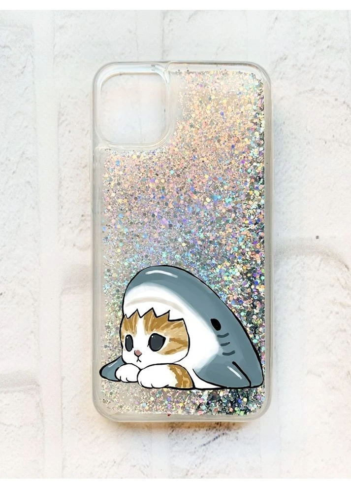 Чохол з плаваючими срібними блискітками на iPhone 11 Котик Акула (принт 421) Creative (390657516)