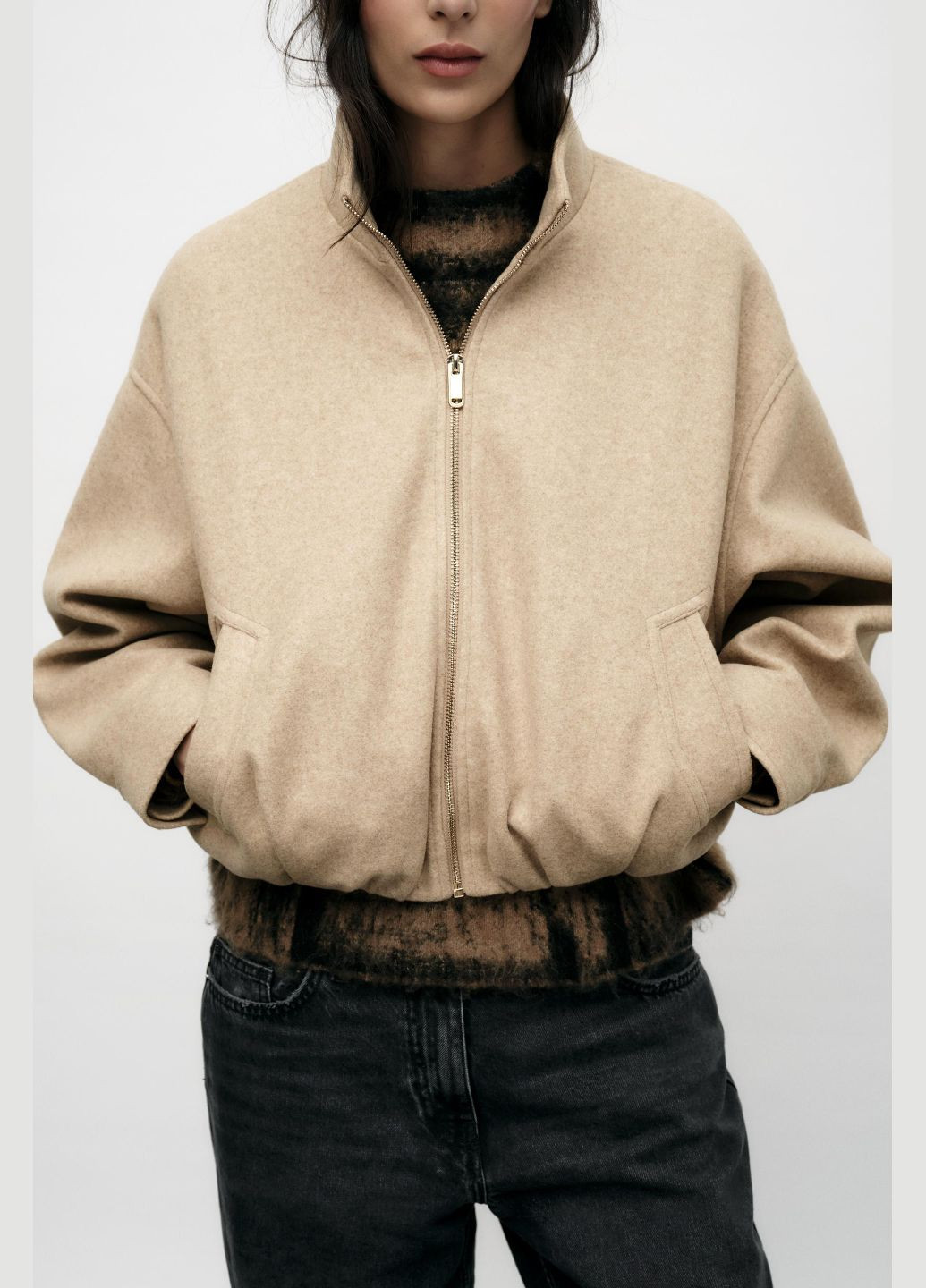 Короткий коричневый бомбер Zara на молнии (329445463)