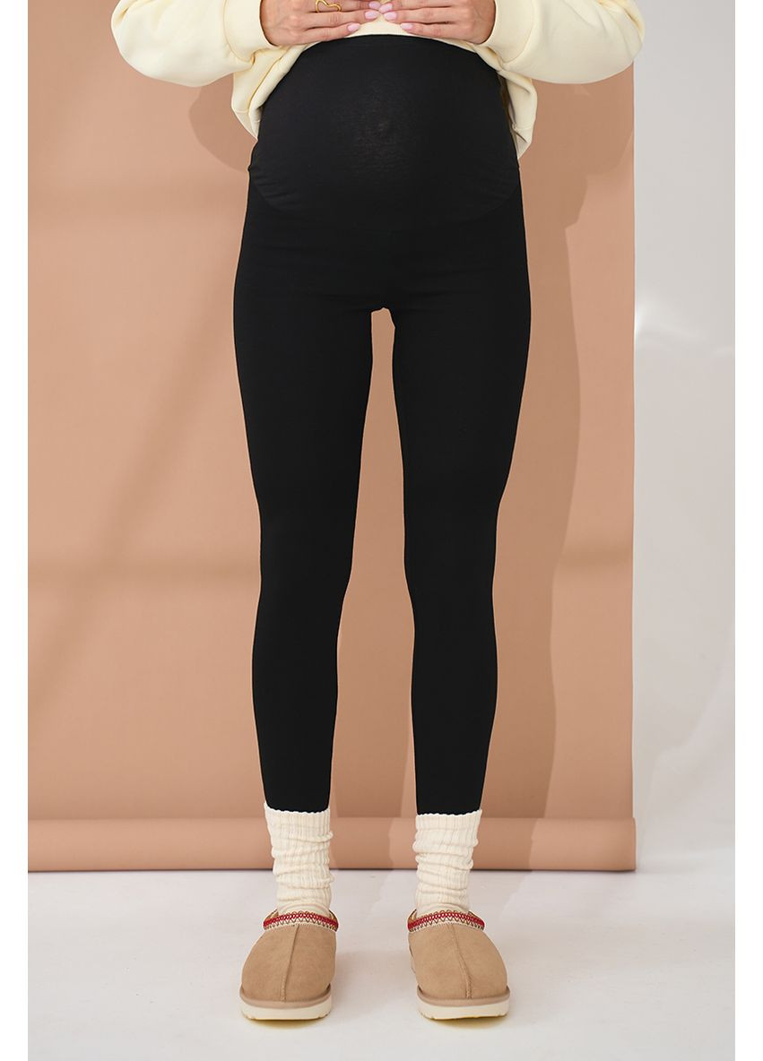 Черные черные теплые леггинсы лосины для беременных на меху с высоким поясом на животик Юла мама