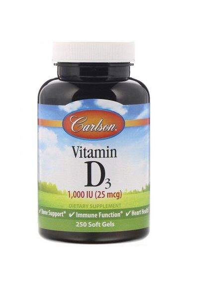 Витамин D3, Vitamin D3,, 1000 МЕ (25 мкг), 250 гелевых капсул (CAR01452) Carlson Labs (266799379)