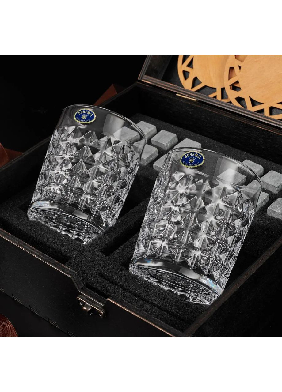 Камни для виски Деревянная коробка + Бокалы 2 шт. Diamond 280 мл с секцией. Bohemia (364550524)