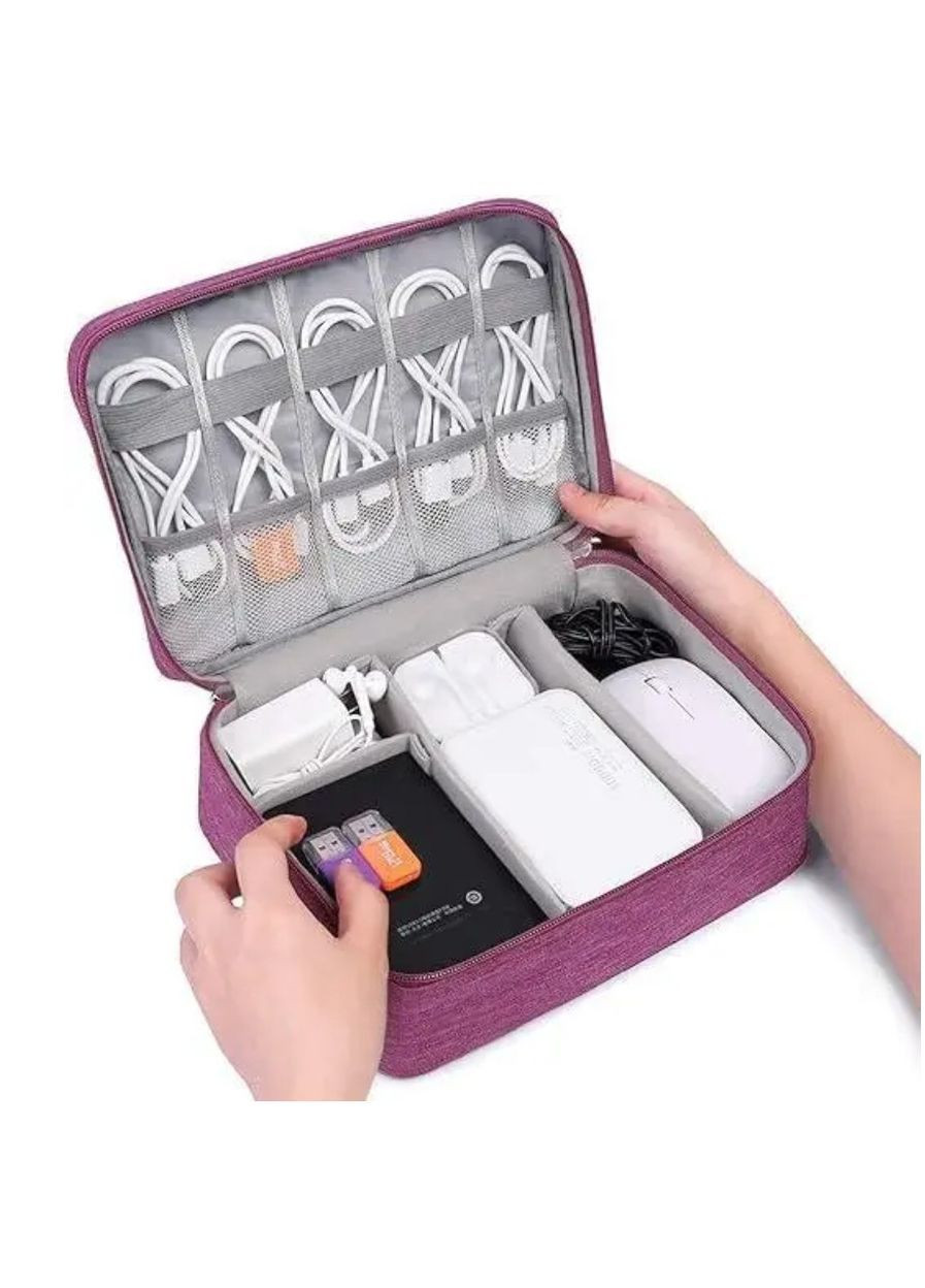 Дорожній органайзер для проводів та аксесуарів 24.5×18×10 см фіолетовий чохол-сумка з тканини Оксфорд з перегородками та ручкою No Brand (364191277)