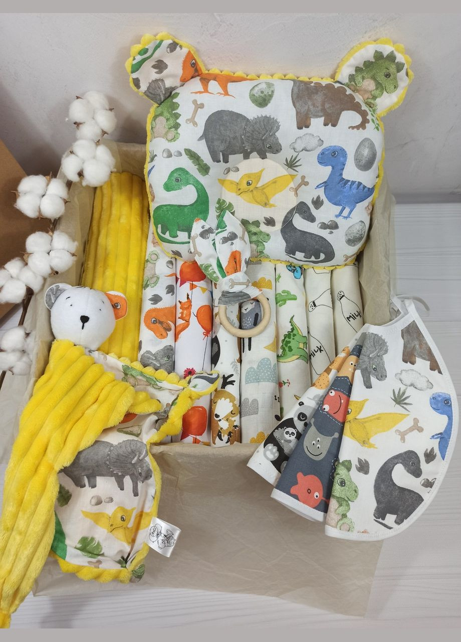 Набір для новонародженого: плед, подушка, пелюшки і іграшки a.l.babybox Діно Жовтий No Brand (308752073)