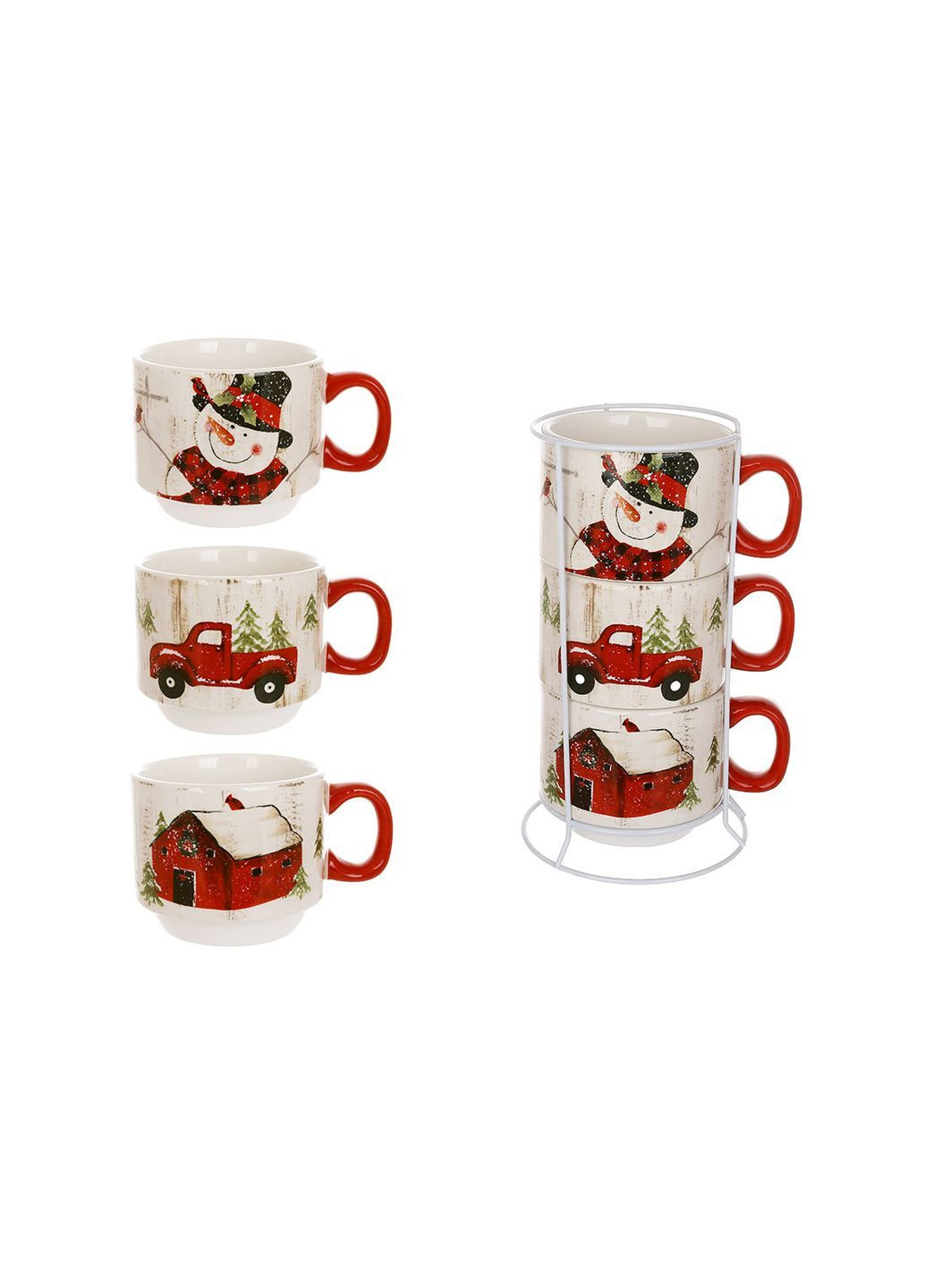 Набор кружек (3шт) на металлической подставке 400мл Веселый снеговик Home Decor (365841891)