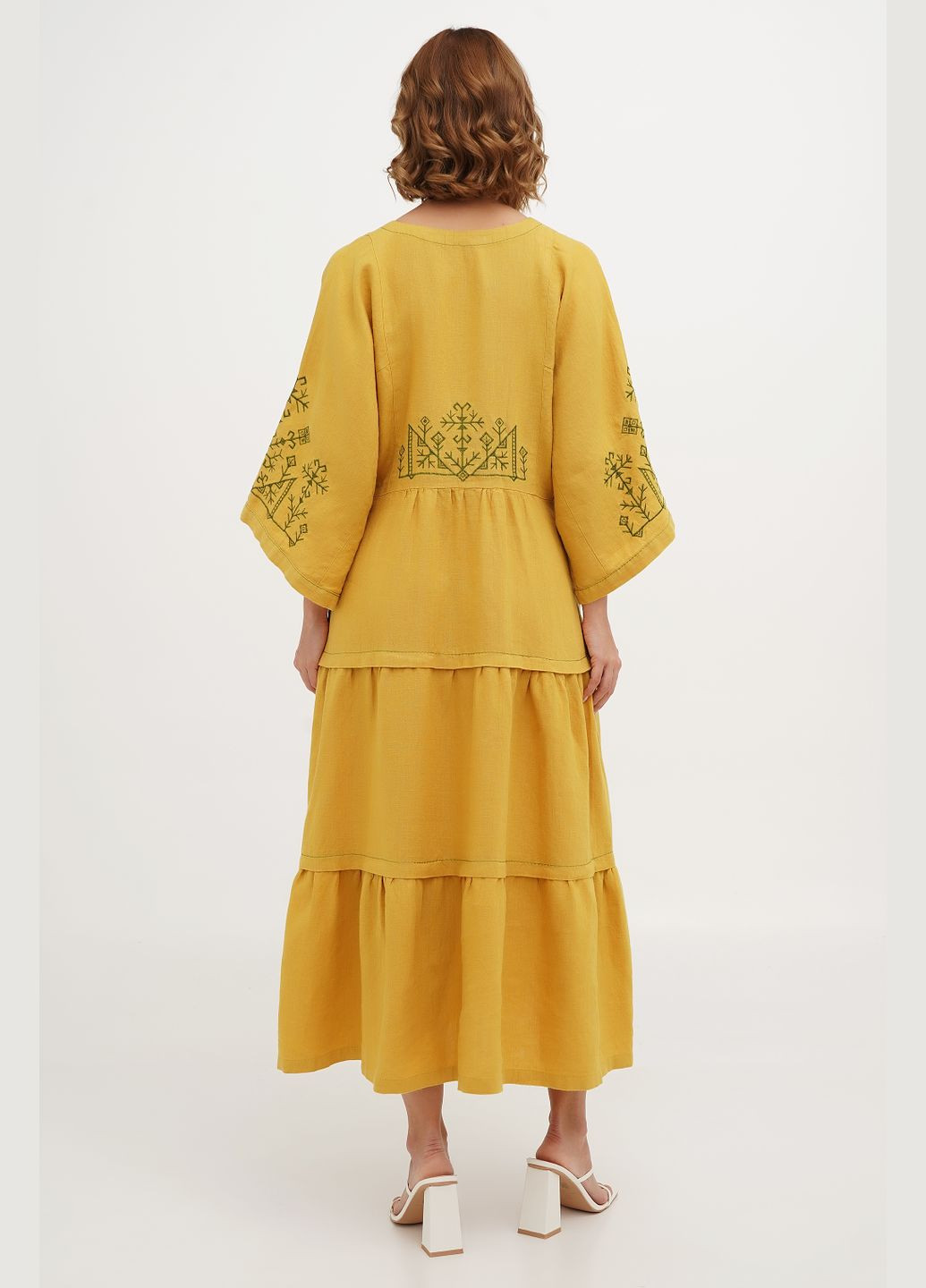 Жовтий вишита легка лляна сукня бохо з вишивкою на спині та рукавах кімоно борислава., р., код 0318/54/592 ГАЛЕРЕЯ ЛЬОНУ