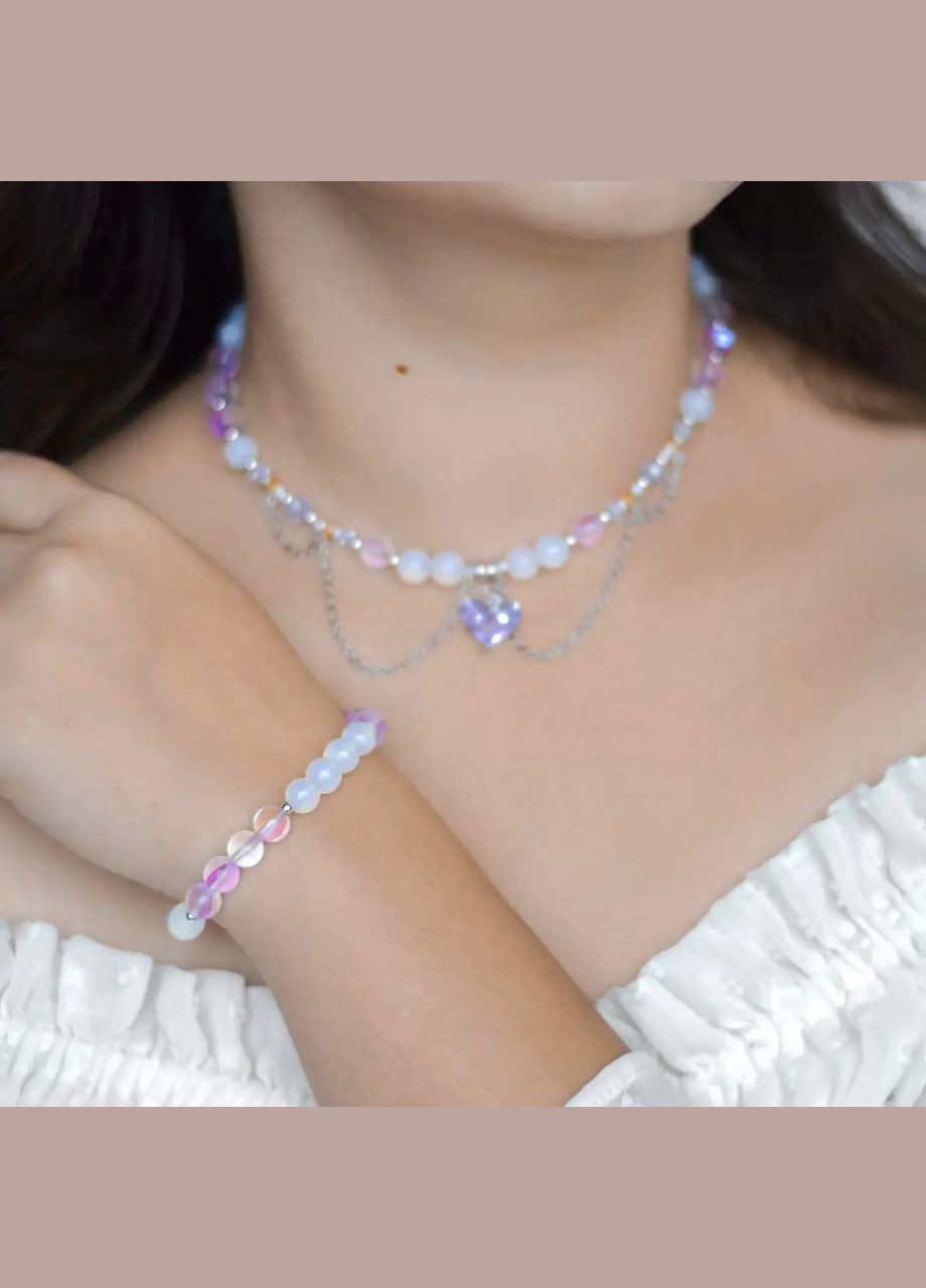 Комплект Чокер+Браслет Лунный Камень, Опаловое Стекло, фур-ра гип-ный сплав цвет серебро d-8-2мм No Brand Чокер + браслет (316091279)