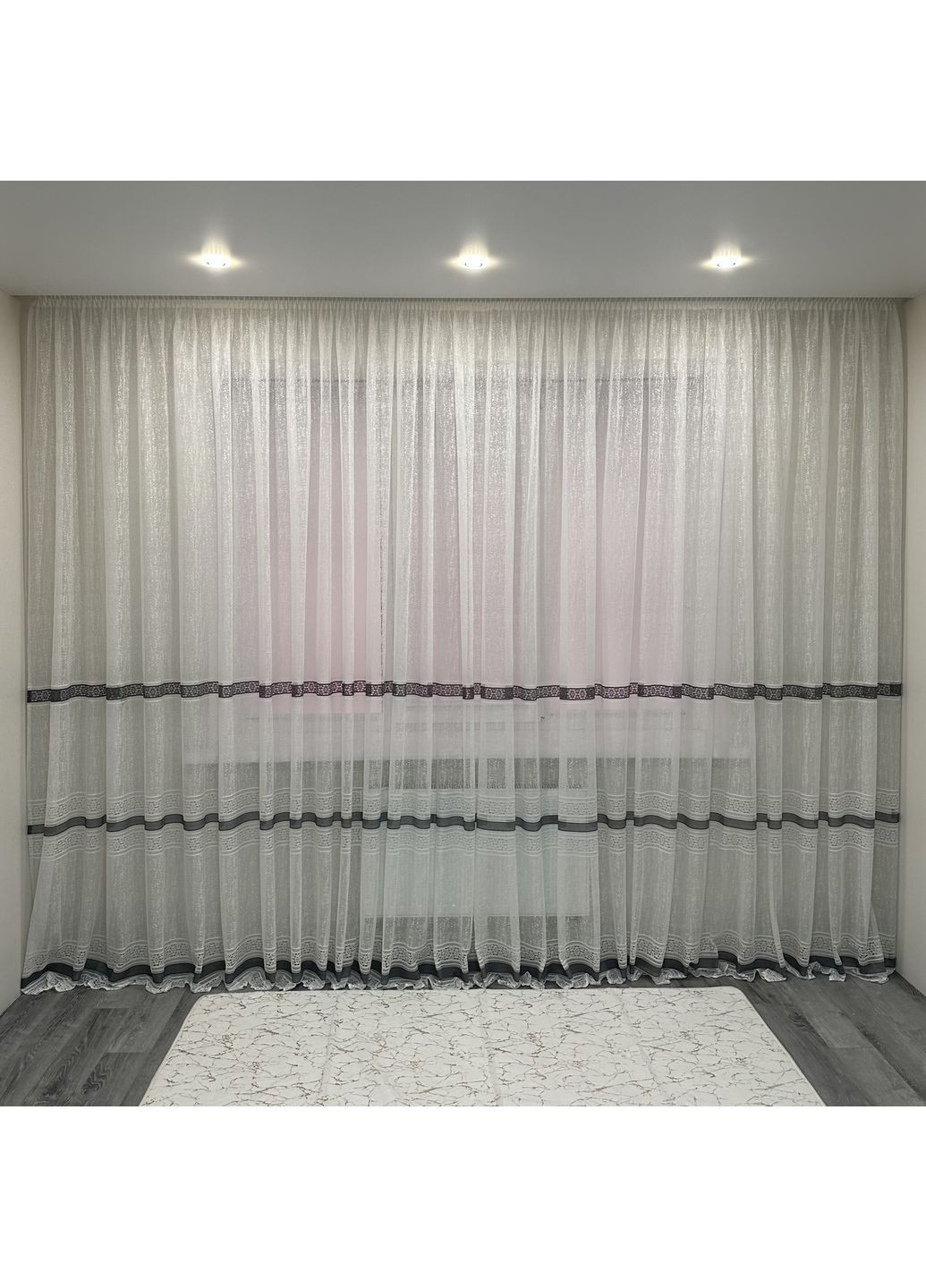 Ексклюзивна тюль Жаккард "Модерн" з візерунком, 400х270 см – Готова на Тасьмі білого кольору з сірими смужками. No Brand (363834539)