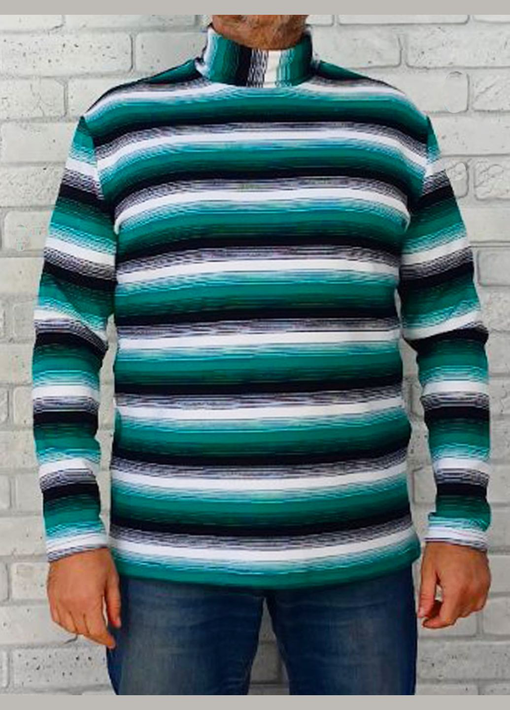 Мужская вязаная водолазка теплая с высоким горлом, зеленая в черно-белую полоску, вязаный акрил No Brand (318363396)