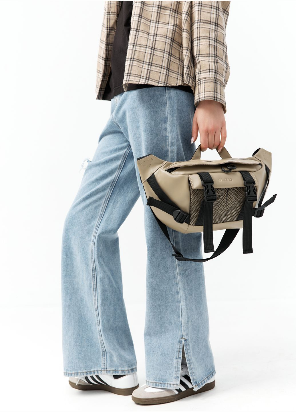 Кожаная женская сумка на пояс бананка DynamicDart бежевая Sambag (322793261)