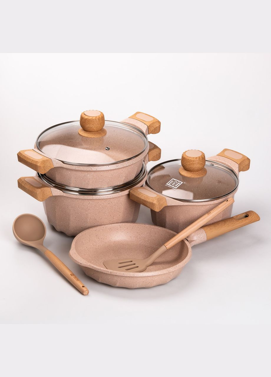 Набор посуды, 3 кастрюли, сковорода, алюминиевая толстодонная с лопаткой и половником, бежевый HP-4-401CR MGC (306849248)