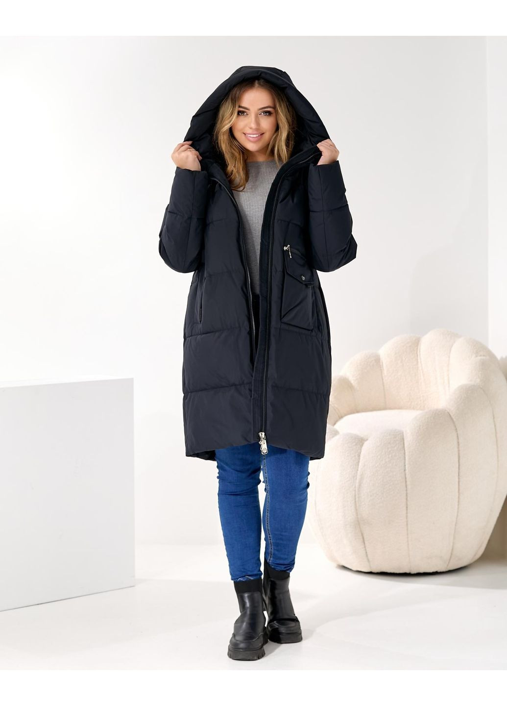 Комбінована демісезонна темно синя зимова куртка для пишних пані KHAN