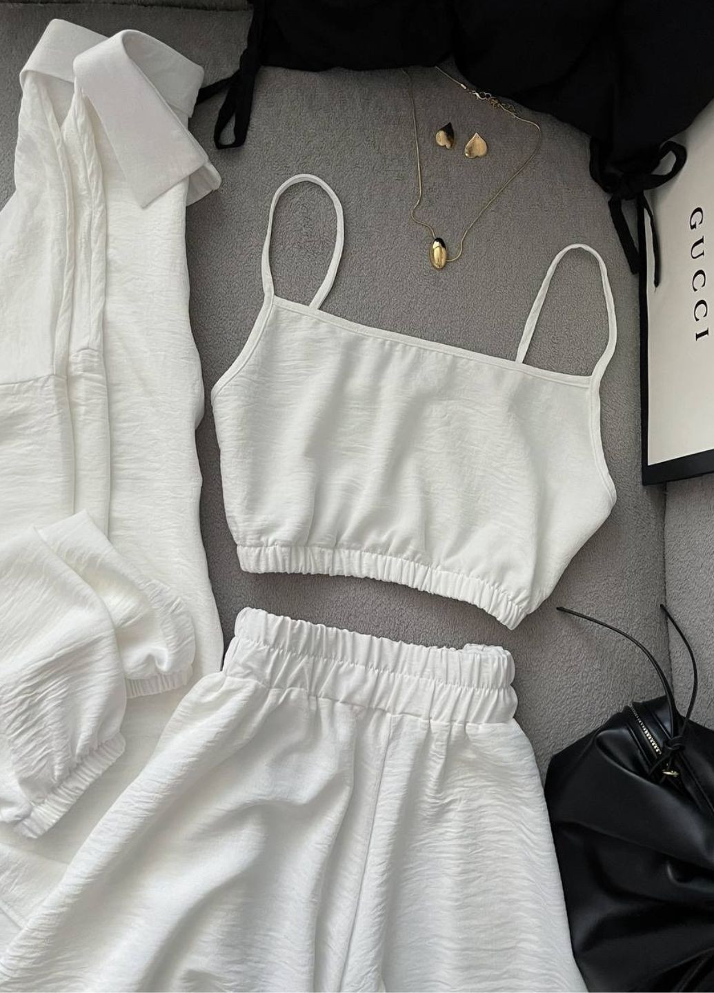 Изысканный легкий летний повседневный костюм тройка: рубашка+топ+шорты Allthings (344448125)