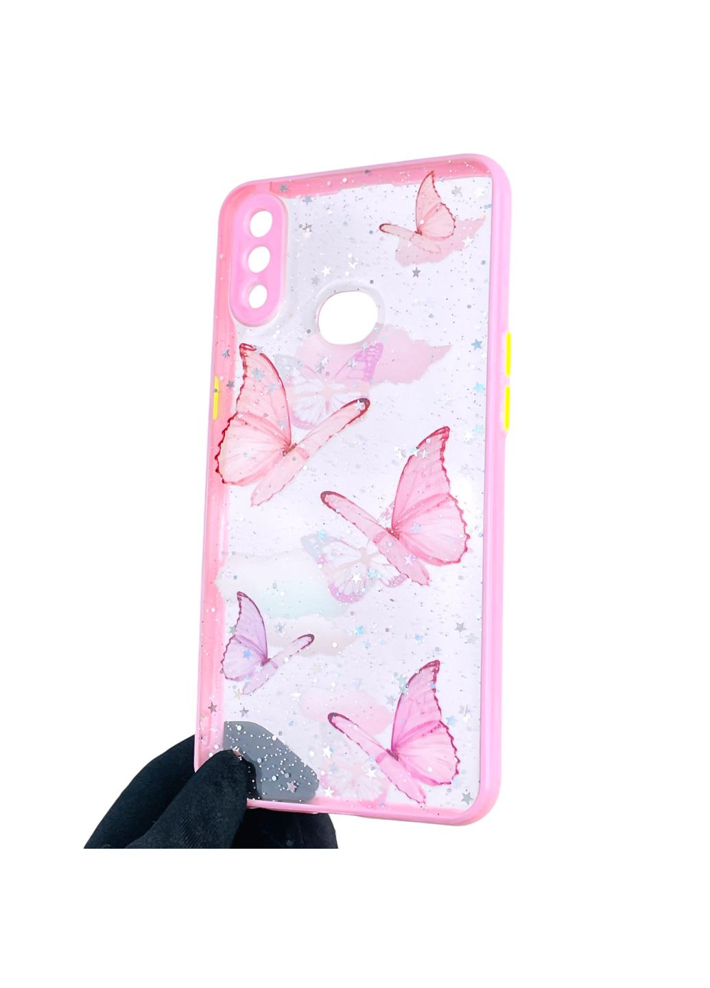 Чохол для Galaxy A10s (SM-A107F) з блискітками з метеликами на самсунг а10с рожевий Samsung (366387196)