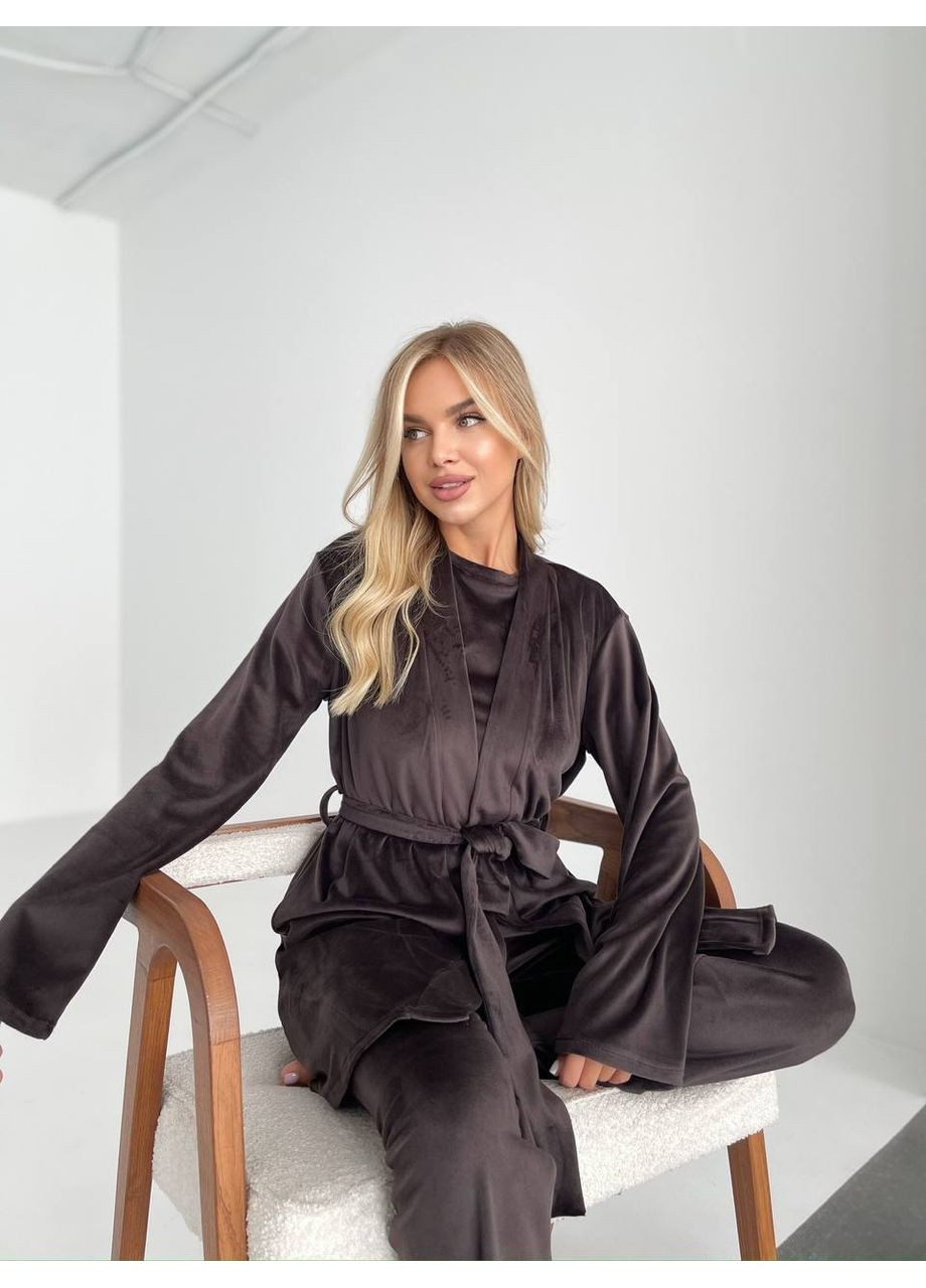 Темно-коричневая женская велюровая пижама тройка Osoblyva