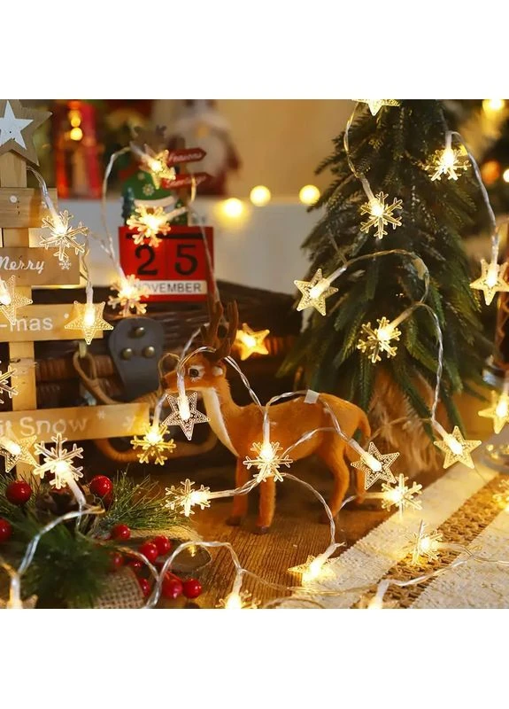 Гирлянда Звёздочки и Снежинки 20 м, 200 LED, тёплый белый, 8 режимов, от сети 220 В, фигурная, для дома (10795) No Brand (368709442)
