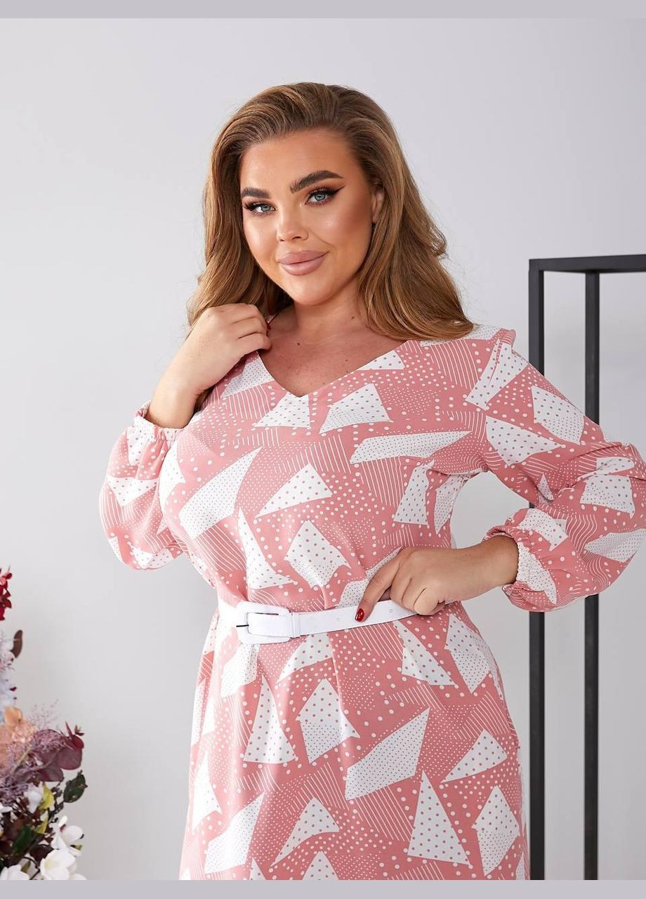 Розовое кэжуал платье "креативный шик" с длинным рукавом sf-255 розовый, 50 Sofia с геометрическим узором