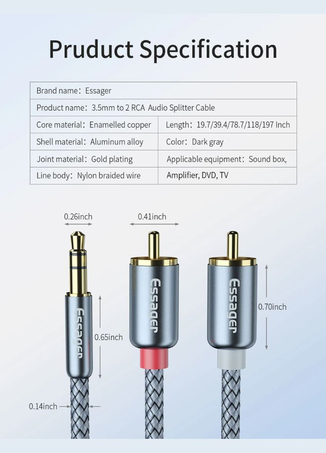 Кабель AUX 2RCA (папа-папа) jack 3.5 мм 1м Essager (300523899)