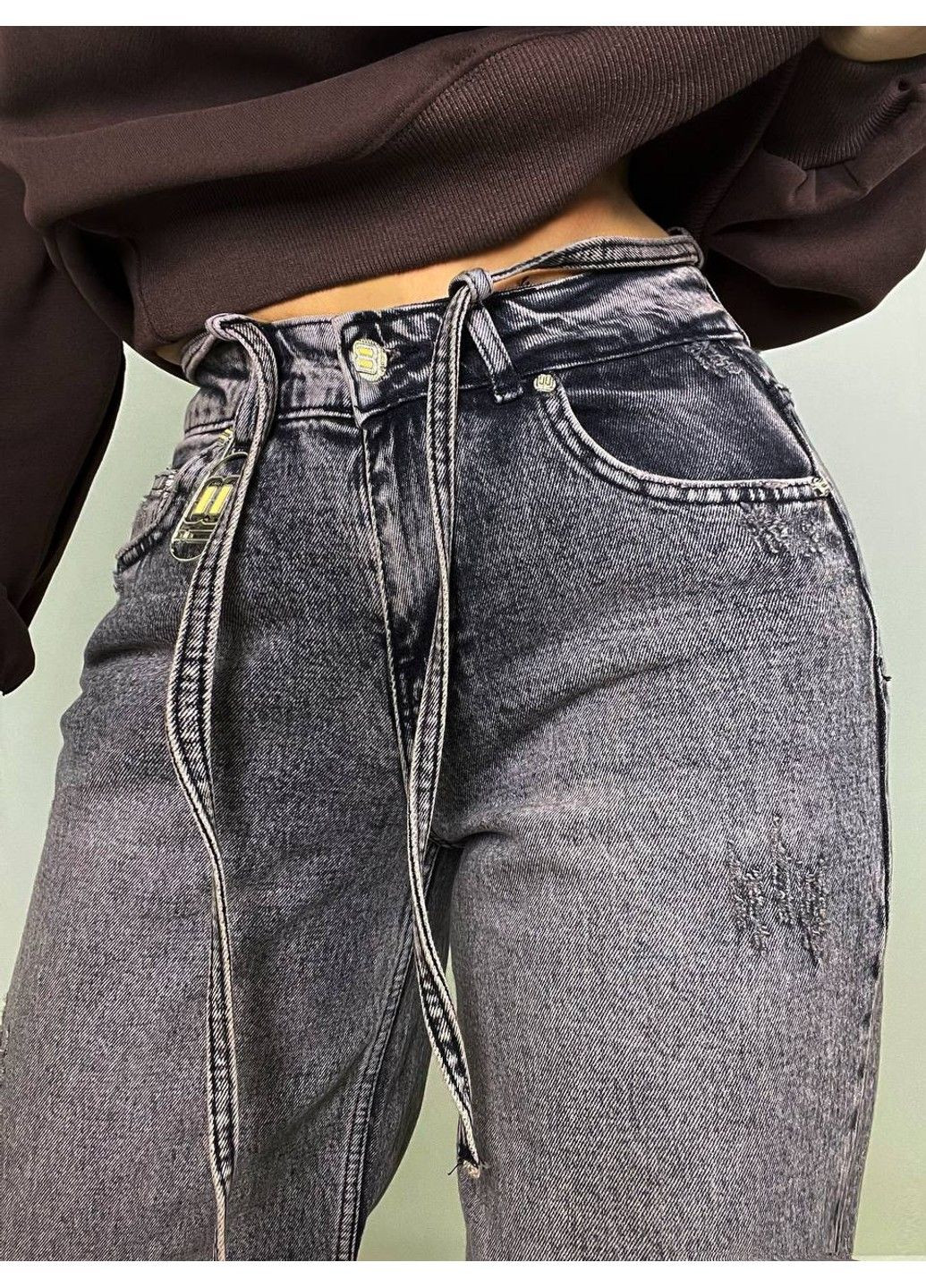 Джинси жіночі 52407 широкі Baggy банани з поясом мотузкою коричневі I8 - (316353330)