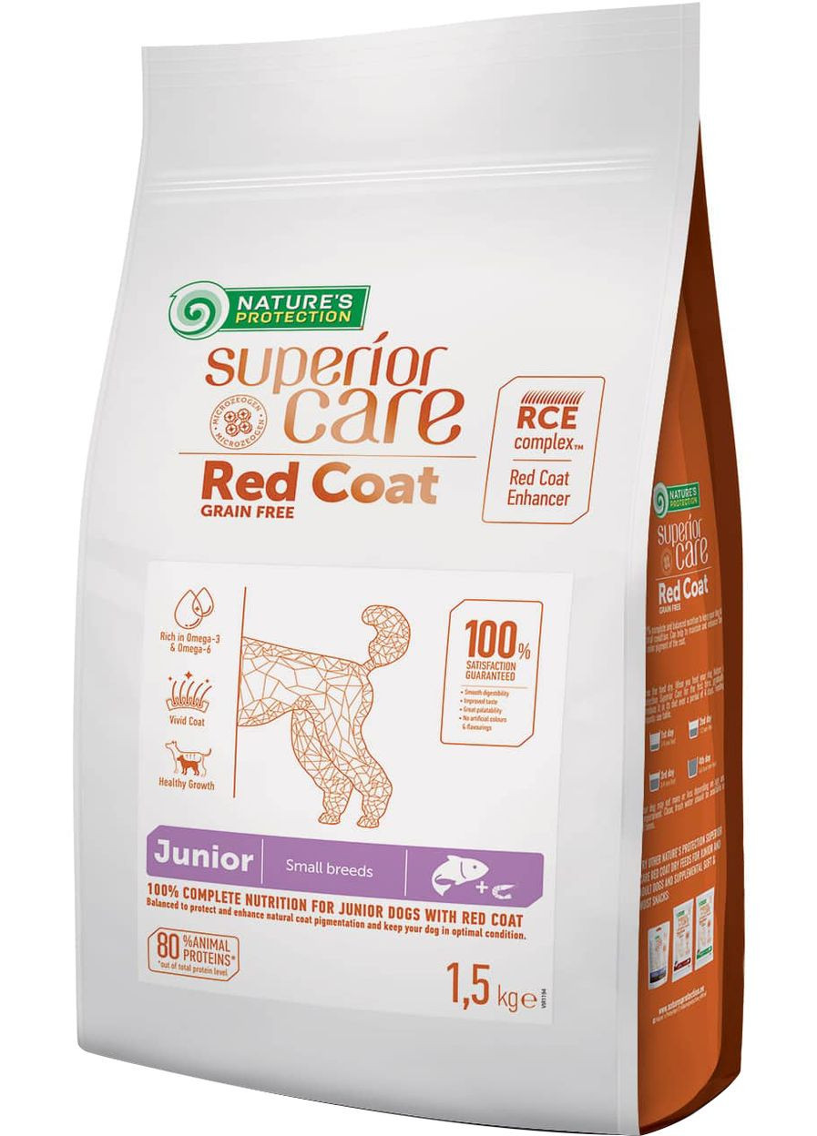 Сухий беззерновий корм для юніорів з рудим забарвленням шерсті, для малих порід Superior Care Red Coat 1,5 кг Nature's Protection (308068588)