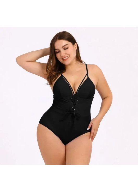 Чорний літній жіночий суцільний купальник із корсетом розміру plus size. суцільний купальник на зав'язці із твердим пушапом China