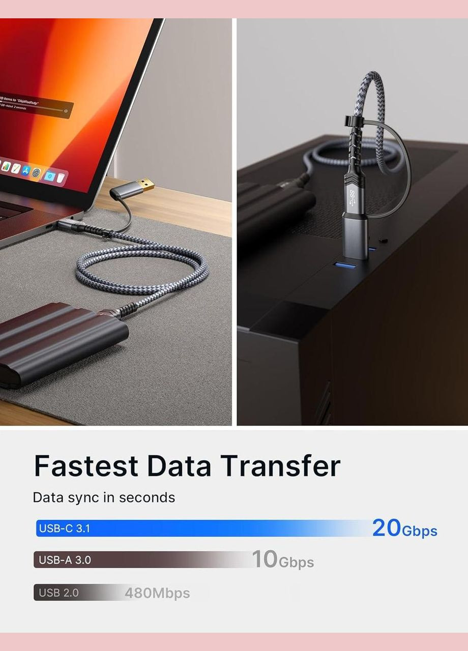 Кабель USB 3.1 USB A/C Male to Micro B Male 20Gbps 0.5м grey Jsaux (308849334)