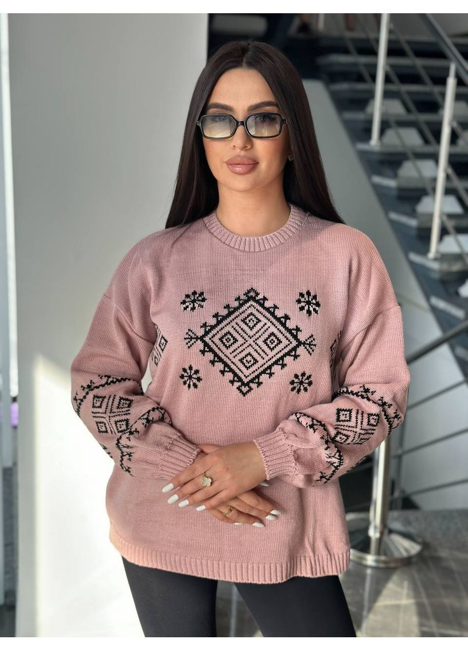 Блідо-рожевий демісезонний жіночий светр із етнічним візерунком джемпер No Brand