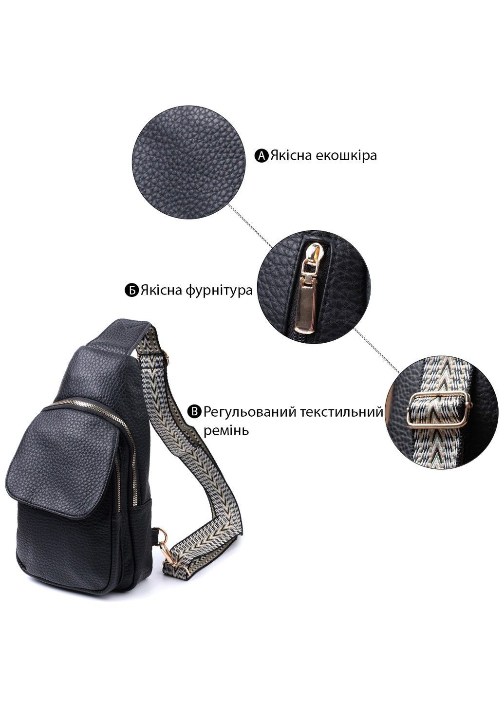 Удобная женская сумка с одной лямкой через плечо из крупнозернистой экокожи 22763 Черный Vintage (303877200)