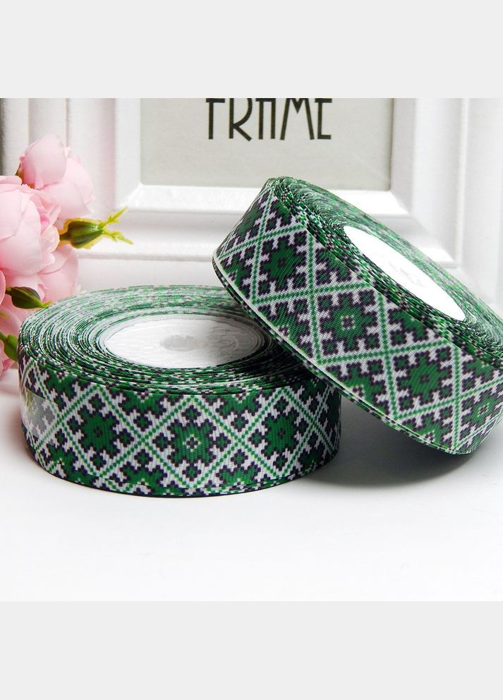 Лента репсовая, 2,5 см, украинский орнамент Вышиванка, зеленый No Brand (340483962)