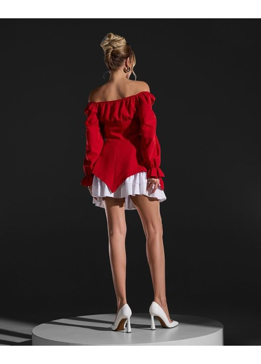 Красное вечернее молодежное платье с баской с открытыми плечами ISSA PLUS однотонное