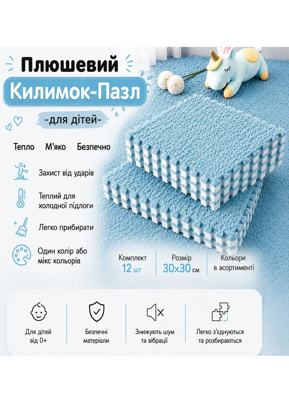 Пазл-килимок 60х90 см, м'який плюшевий термокилим, 12 пазлів, тепла підлога, термокилим для дому, у дитячу кімнату, No Brand (395124144)