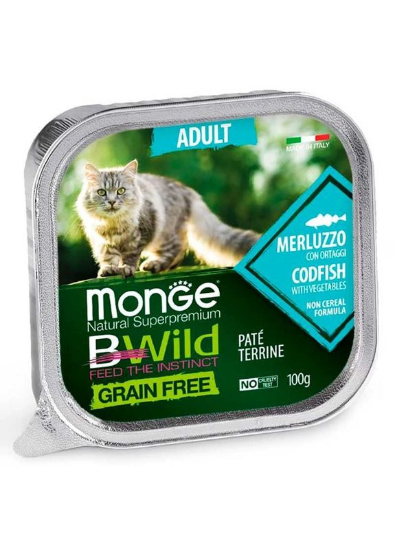 BWild Grain Free Wet Cod Fish Adult Cat - Консервований беззерновий корм з тріски для дорослих кішок 100 г (8009470012867) Monge (327069062)