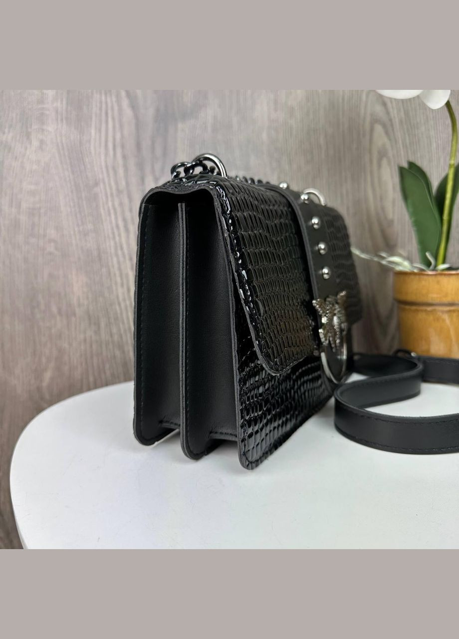 Женская мини сумочка клатч экокожа рептилия с птицами на цепочке черная лаковая (sku_836ЧЛ) No Brand (330576207)