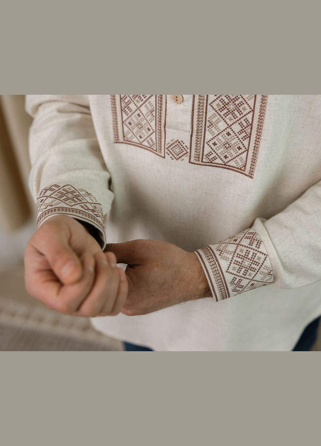 Бежевая мужская рубашка с вышивкой еремий, рубашка вышитая, рубашка вышиванка, рубашка с вышивкой узор орнамент свободная вискоза, лен (318057514)