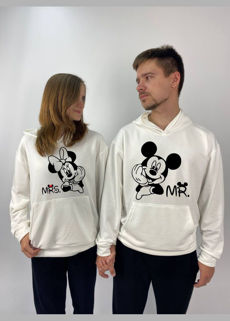 Парные тощие с капюшоном без флиса, в белом цвете, принт "Микки и Минни Маус"(73) Hand Made (358896524)