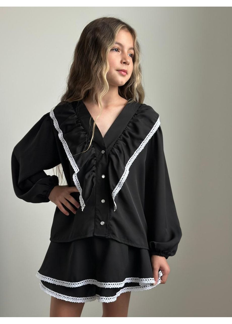 Черный демисезонный комплект (блузка, юбка-шорты) подростковый юбочный, с рубашкой, с шортами IRmAS