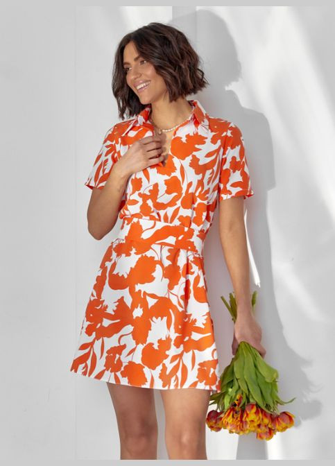 Оранжевое короткое платье-трапеция с воротником No Brand с животным (анималистичным) принтом