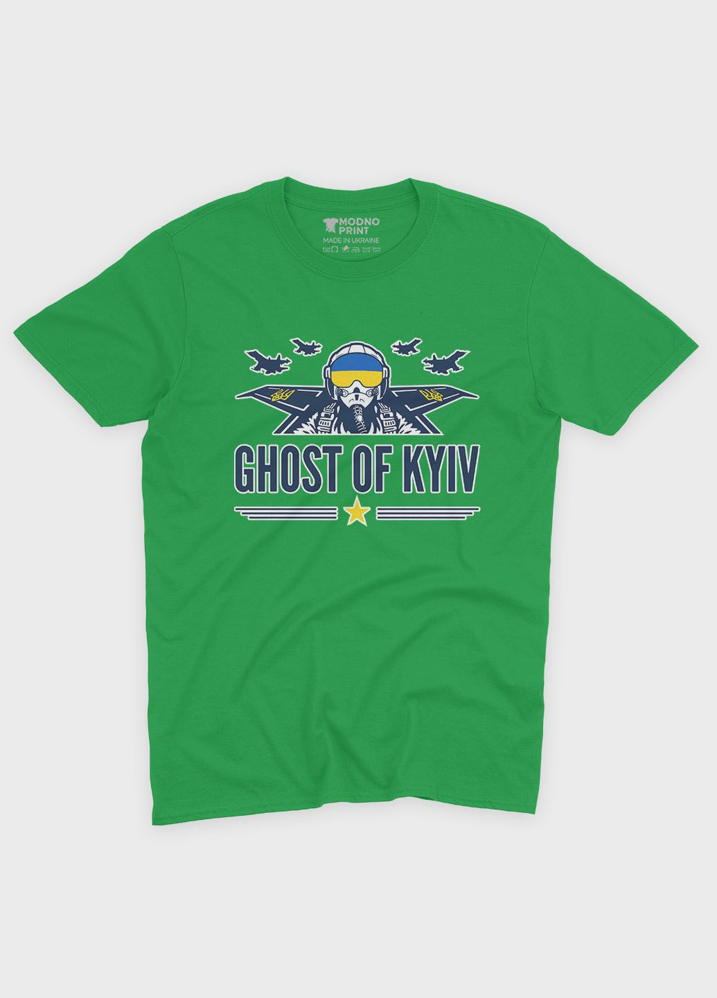 Зеленая демисезонная футболка для мальчика с патриотическим принтом призрак киева (ts001-4-keg-005-1-096-b) Modno