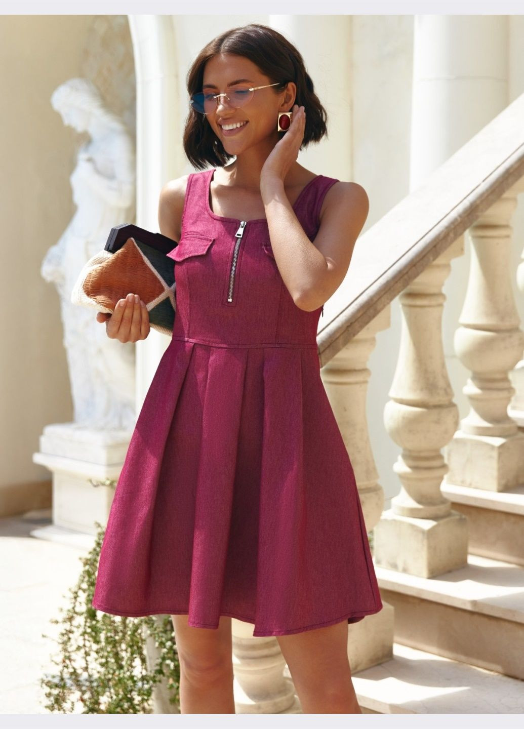 Летний женский короткий сарафан приталенного кроя розовый Dressa однотонный