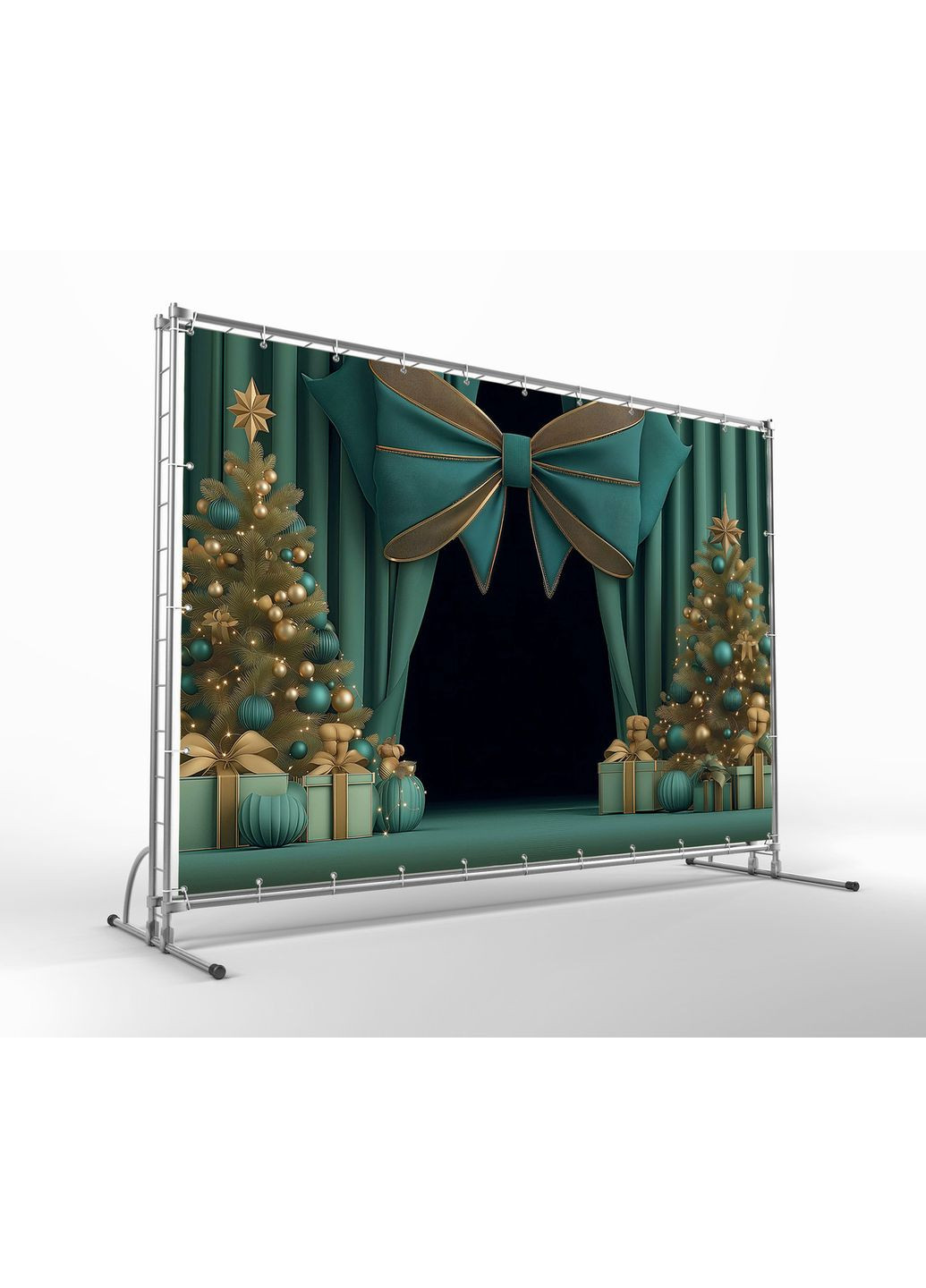 Баннер-фотозона Зелёный с бирюзовым бантом и ёлками – №46518 Vinylpex (369930057)