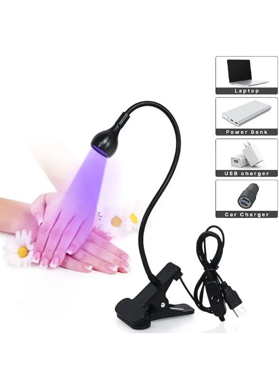 Лампа UV для сушки гель лака, гелевых типс с USB-разъемом (настольная, гибкая, с прищепкой) черная, 5 Вт No Brand (313931034)