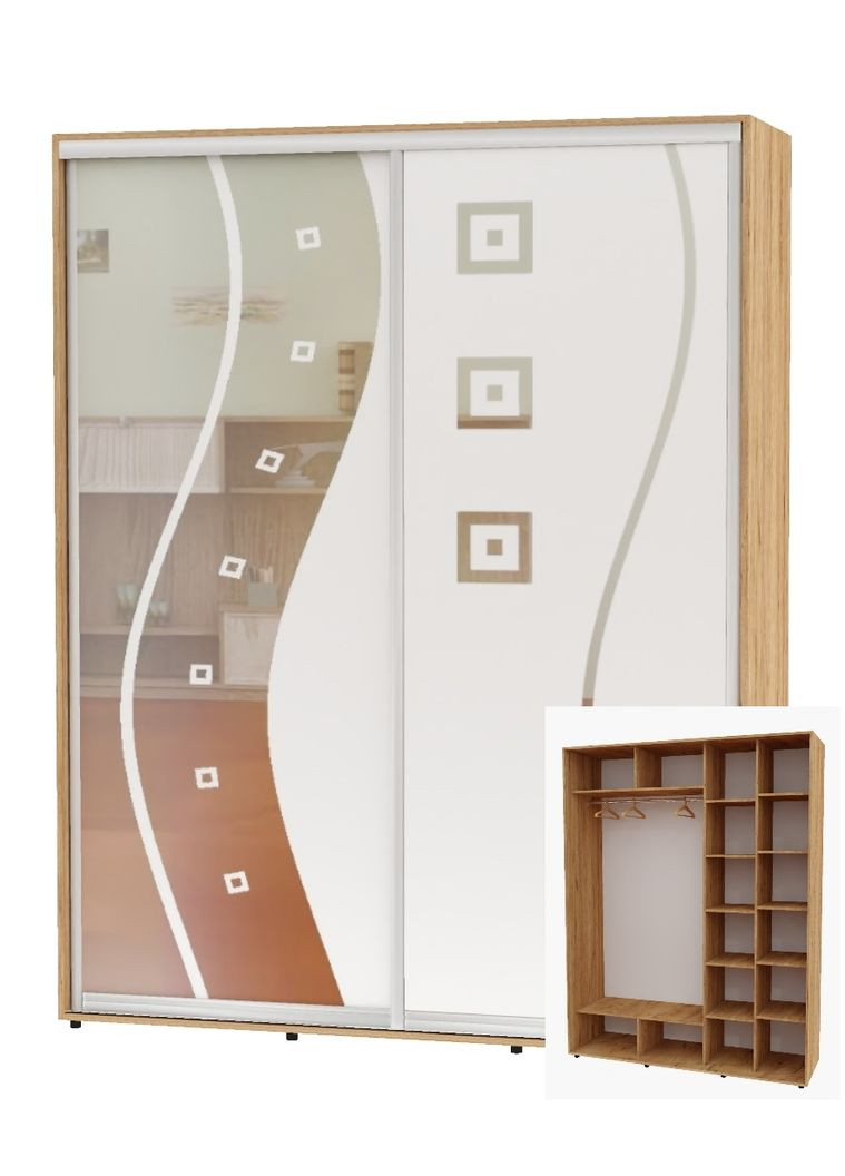 Шкаф-купе двухдверный 200*60*230 Дуб крафт золотой Зеркало с пескоструйным рисунком Алекса (360463631)