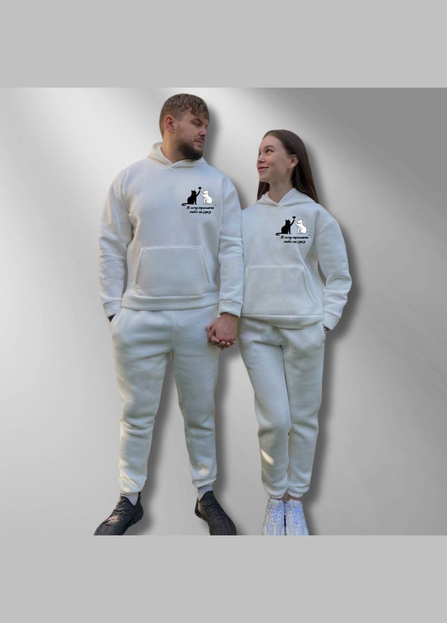 Парні спортивні костюми теплі з капюшоном Худі та Джогери \ принт "Котики" в білому кольорі (1258) Hand Made (358897409)